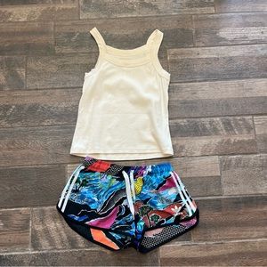 Adidas set multi colored tropical print shorts  beige rib knit tank top M